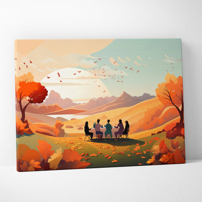 Canvas print of Thanksgiving friends dining in autumn landscape under sunset sky