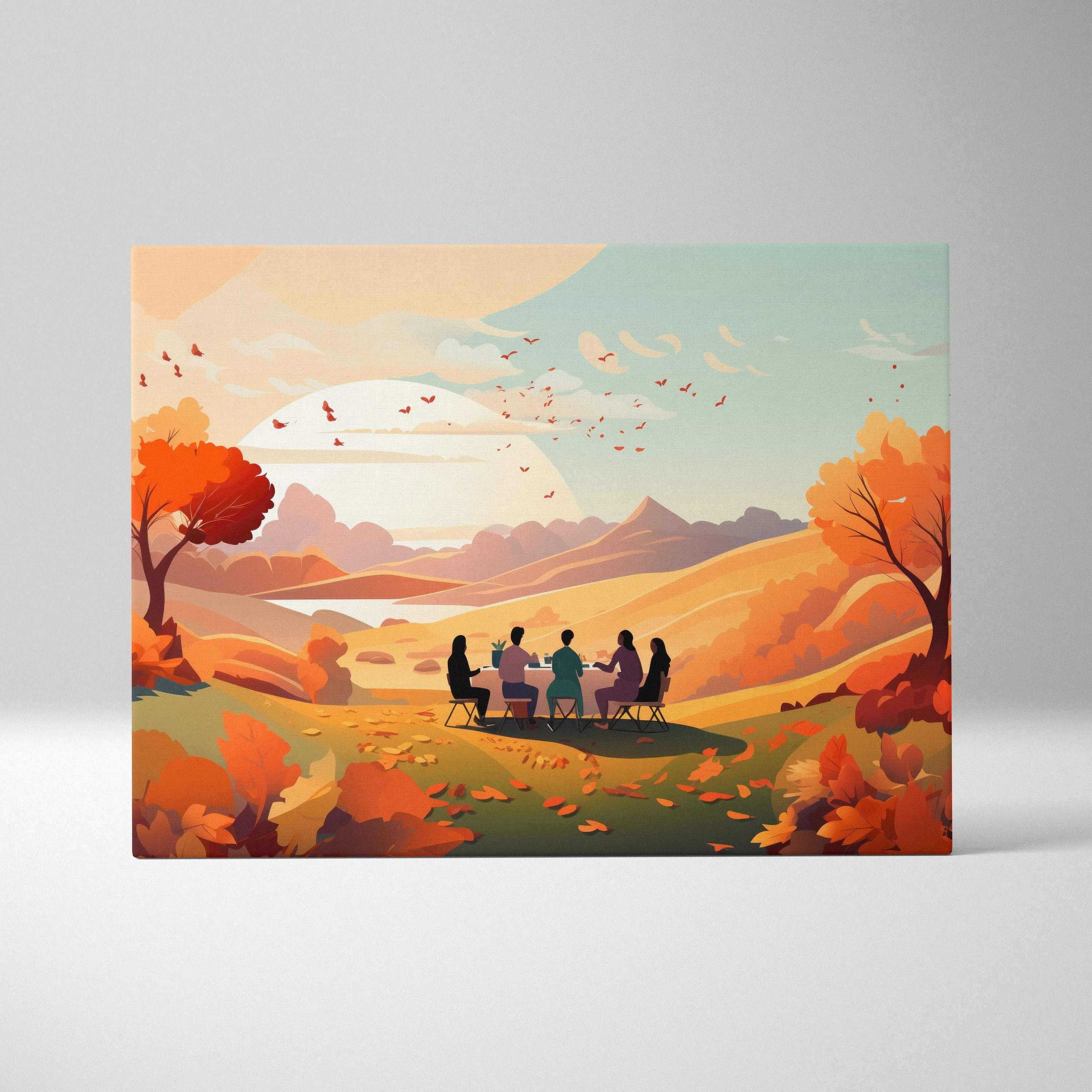Autumn canvas wall art of Thanksgiving friends dining under orange teal sunset sky