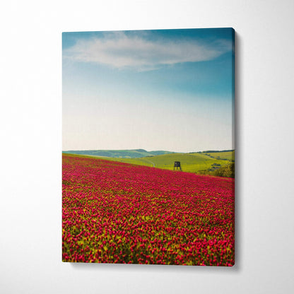 Vibrant red wildflower field canvas wall art with poppies under blue sky