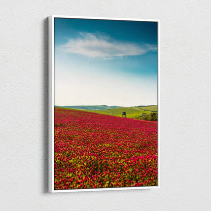Vibrant red poppy field canvas wall art with black figure under blue sky