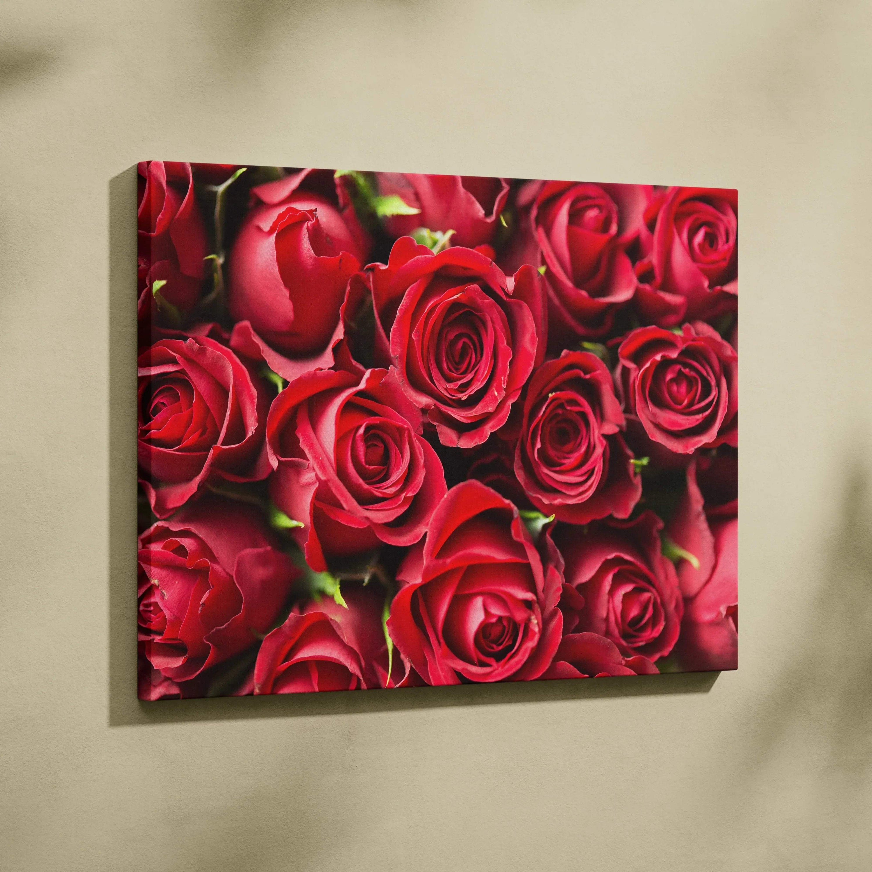 High-resolution canvas wall art featuring vibrant red roses with detailed petals and lush green stems.