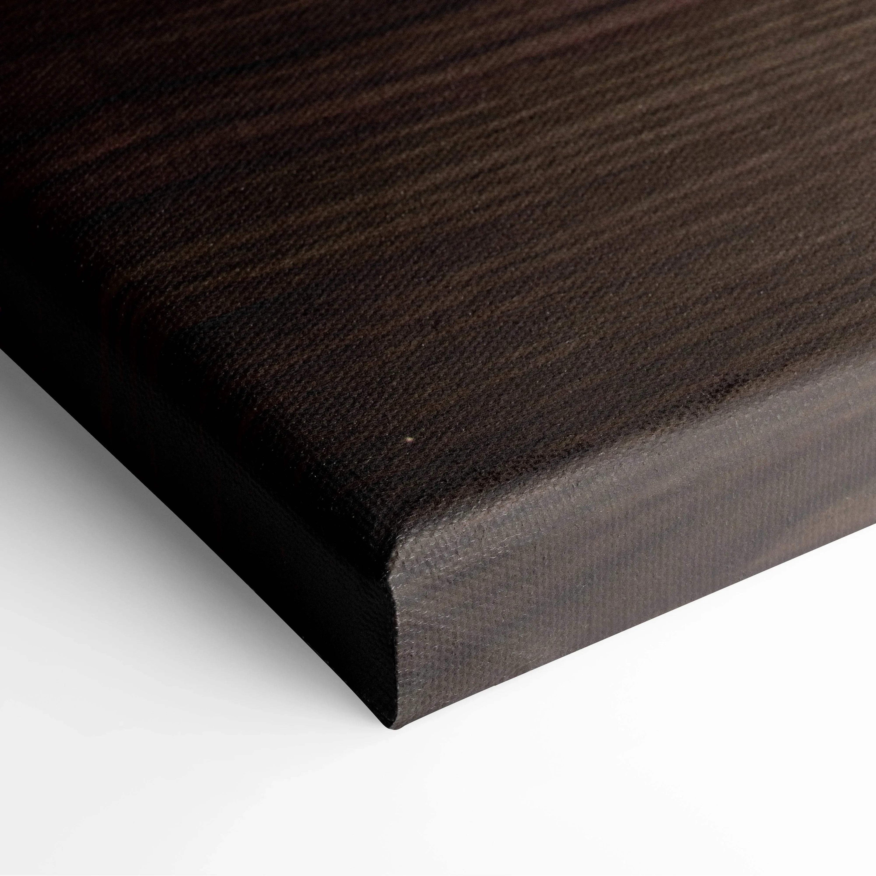 Close-up of canvas wall art corner with dark woodgrain texture and smooth black edges.
