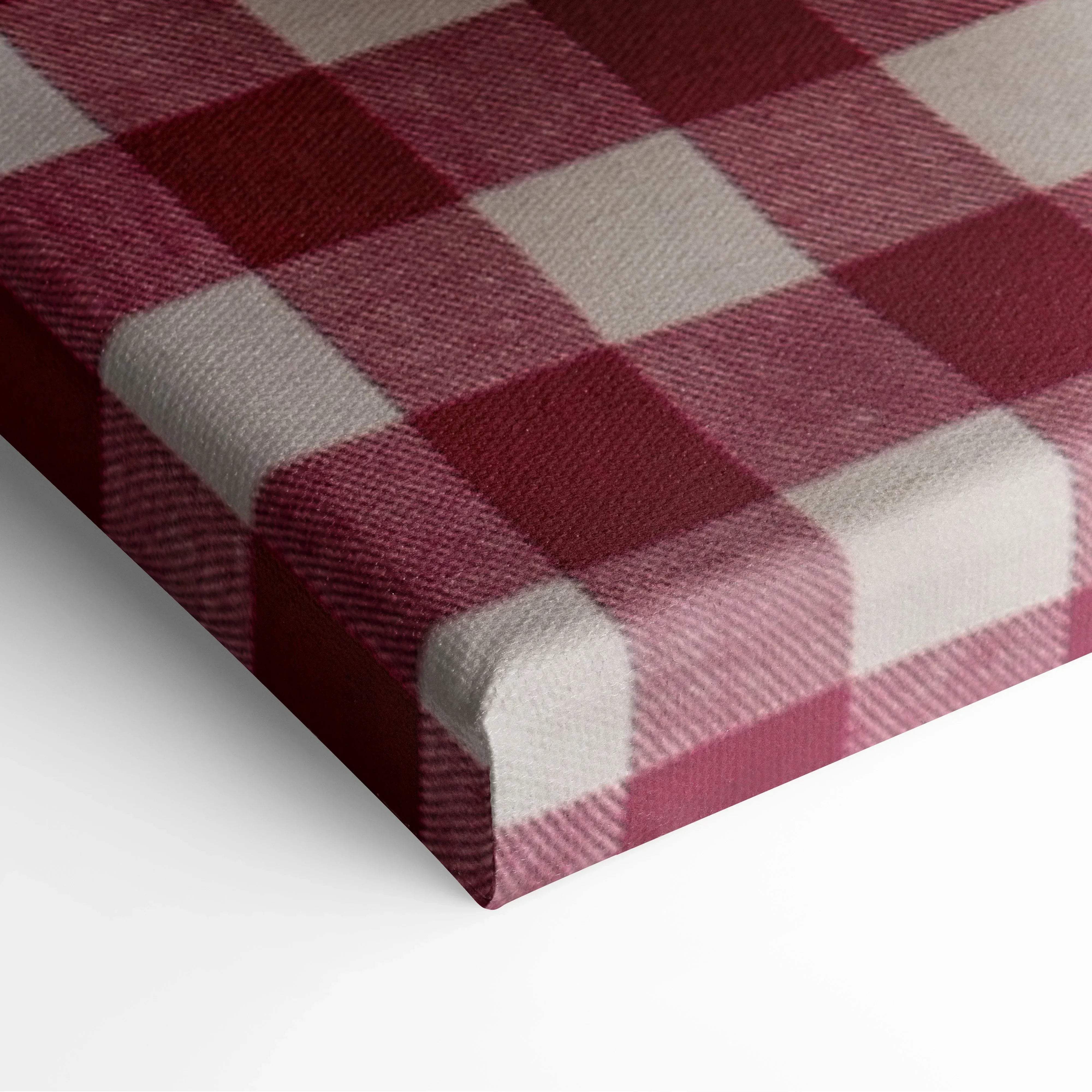 A whimsical donut themed canvas wall art with bright sprinkles on red and white gingham check woven fabric for kitchen decor