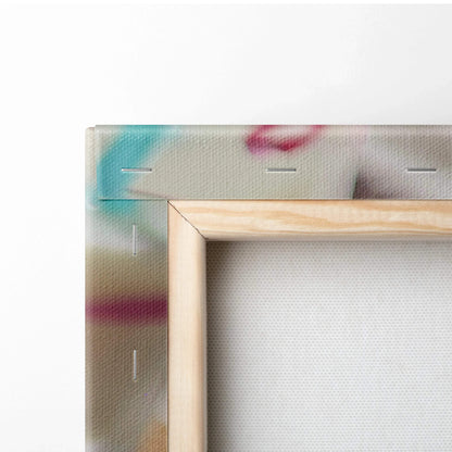 Close-up of stretched canvas edge with wooden frame backing for vibrant donut wall art decor.