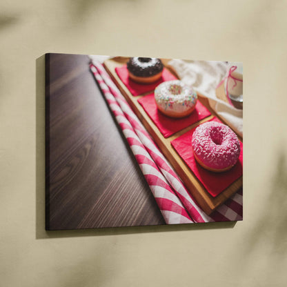 Canvas wall art featuring glazed donuts in pink, white, and chocolate on wooden trays with a pink-striped cloth background.