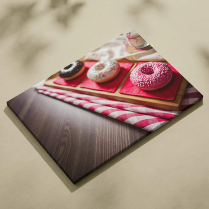 Canvas wall art featuring three glazed donuts in pink, white, and chocolate on wooden trays with a red and white striped.