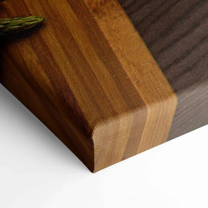Close-up of wrapped canvas edge showing wood grain texture and layered brown tones for wall art decor.