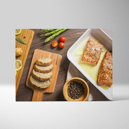 High-resolution canvas wall art depicting a lunch table with sliced bread, grilled salmon, cherry tomatoes, asparagus, and.