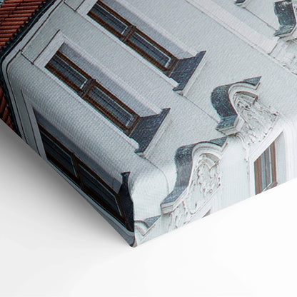 Close-up of canvas wall art featuring intricate white architectural details and dark window frames in digital art style.