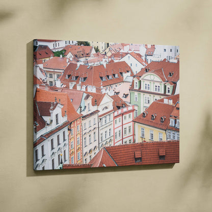 Canvas wall art featuring stunning digital architecture with red-roofed buildings in warm tones.