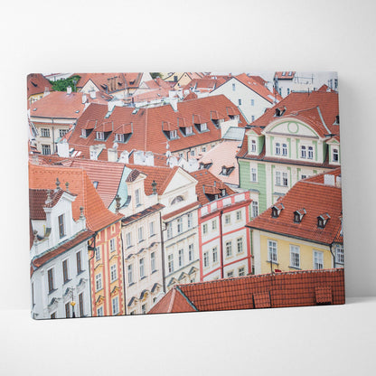 Colorful European buildings with red roofs on canvas wall art, architectural canvas print design.