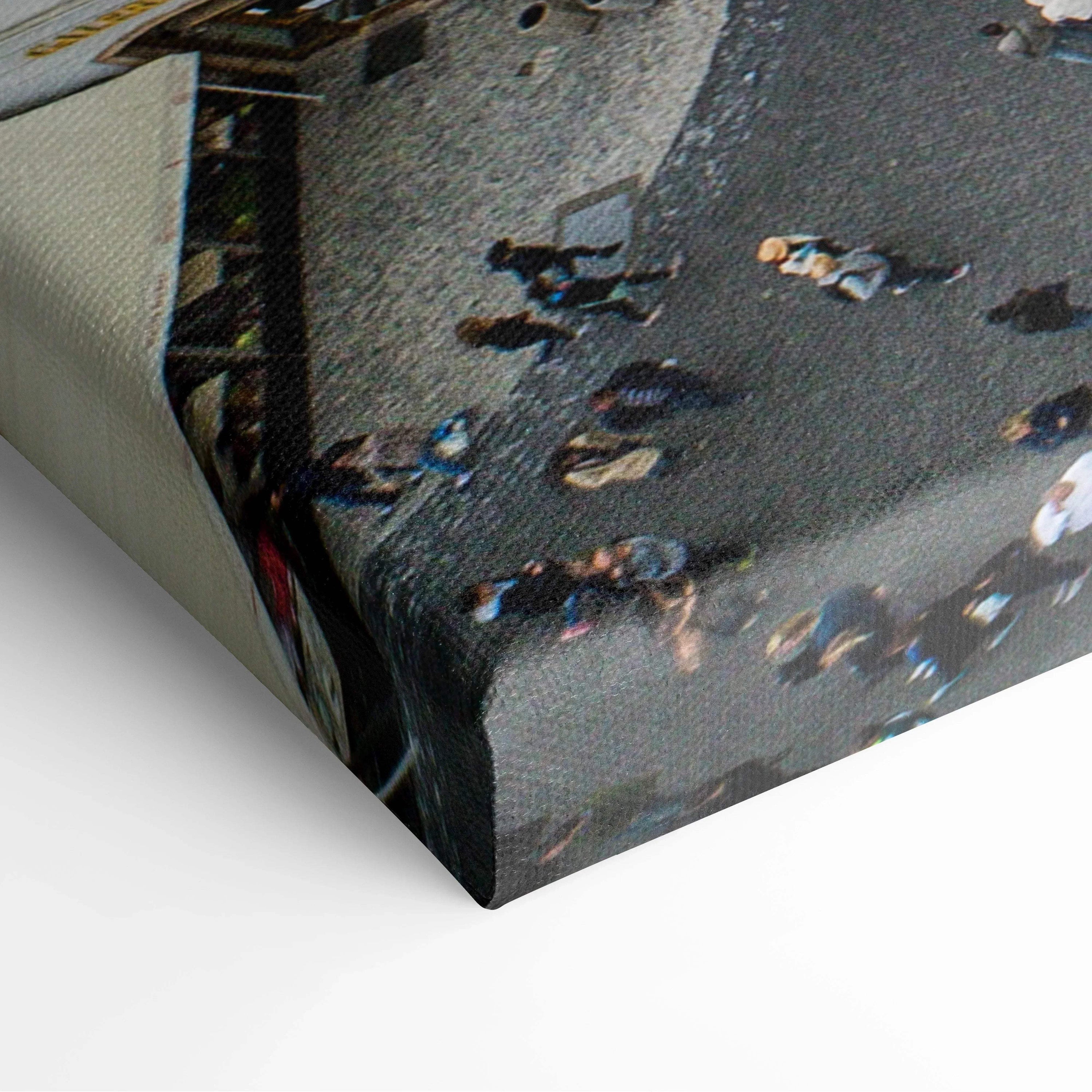 Corner close-up of a rolled premium canvas wall art showing a digital architectural design with muted tones and textured.