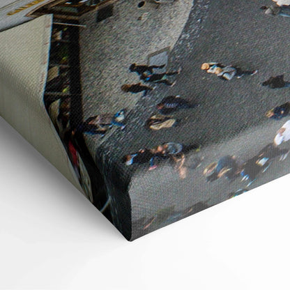 Corner close-up of a rolled premium canvas wall art showing a digital architectural design with muted tones and textured.