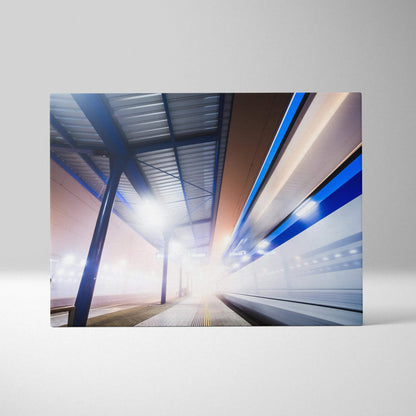 Abstract digital canvas art with dynamic light streaks and geometric lines in blue and beige tones.