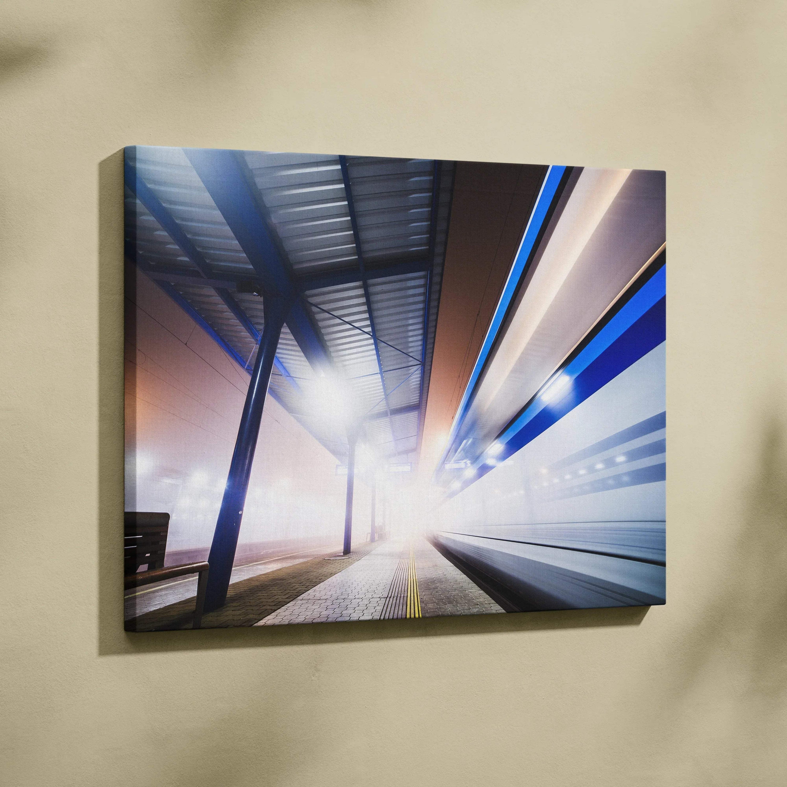 Abstract urban digital art canvas wall art featuring dynamic light trails and geometric architecture.