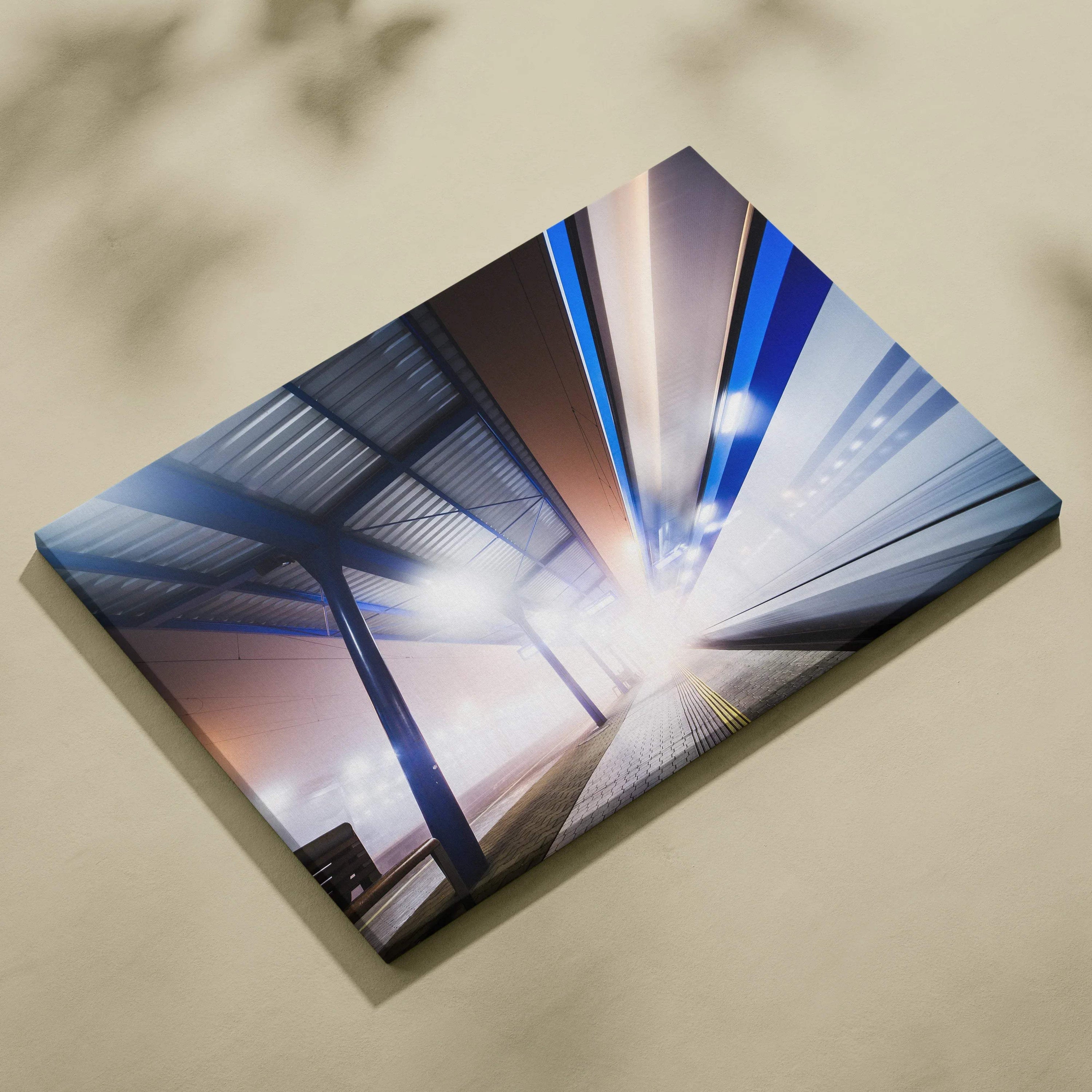 Abstract digital art canvas print with vibrant blue, purple, and white geometric lines and light effects for modern wall.