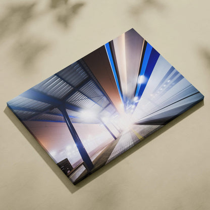 Abstract digital art canvas print with vibrant blue, purple, and white geometric lines and light effects for modern wall.
