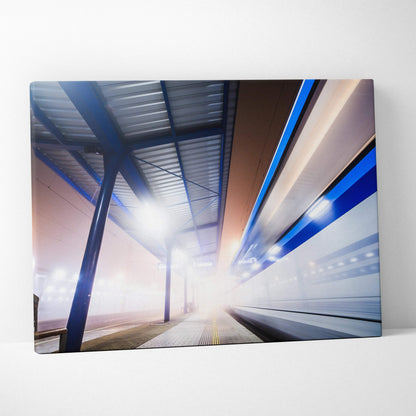 Abstract digital canvas art featuring vibrant blue and white streaks with architectural lines and glowing light effects.
