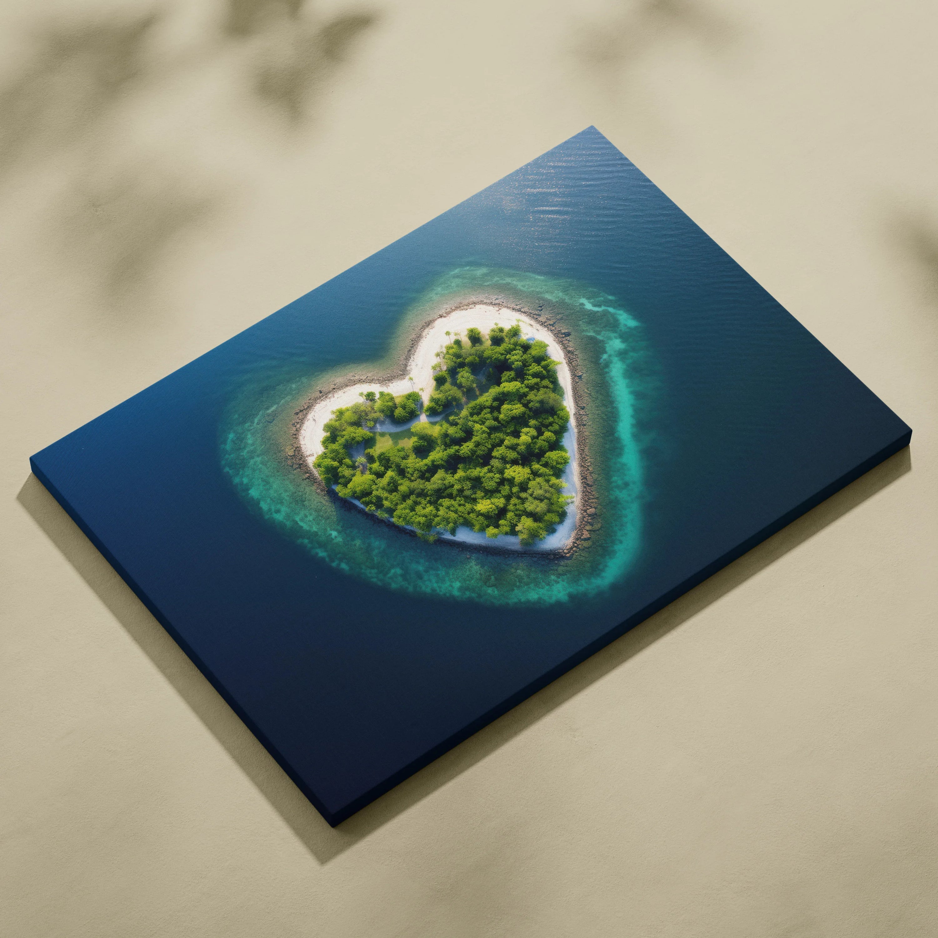 Stunning Beach Wall Art Featuring Heart Shaped Island and Ocean Waves Canvas