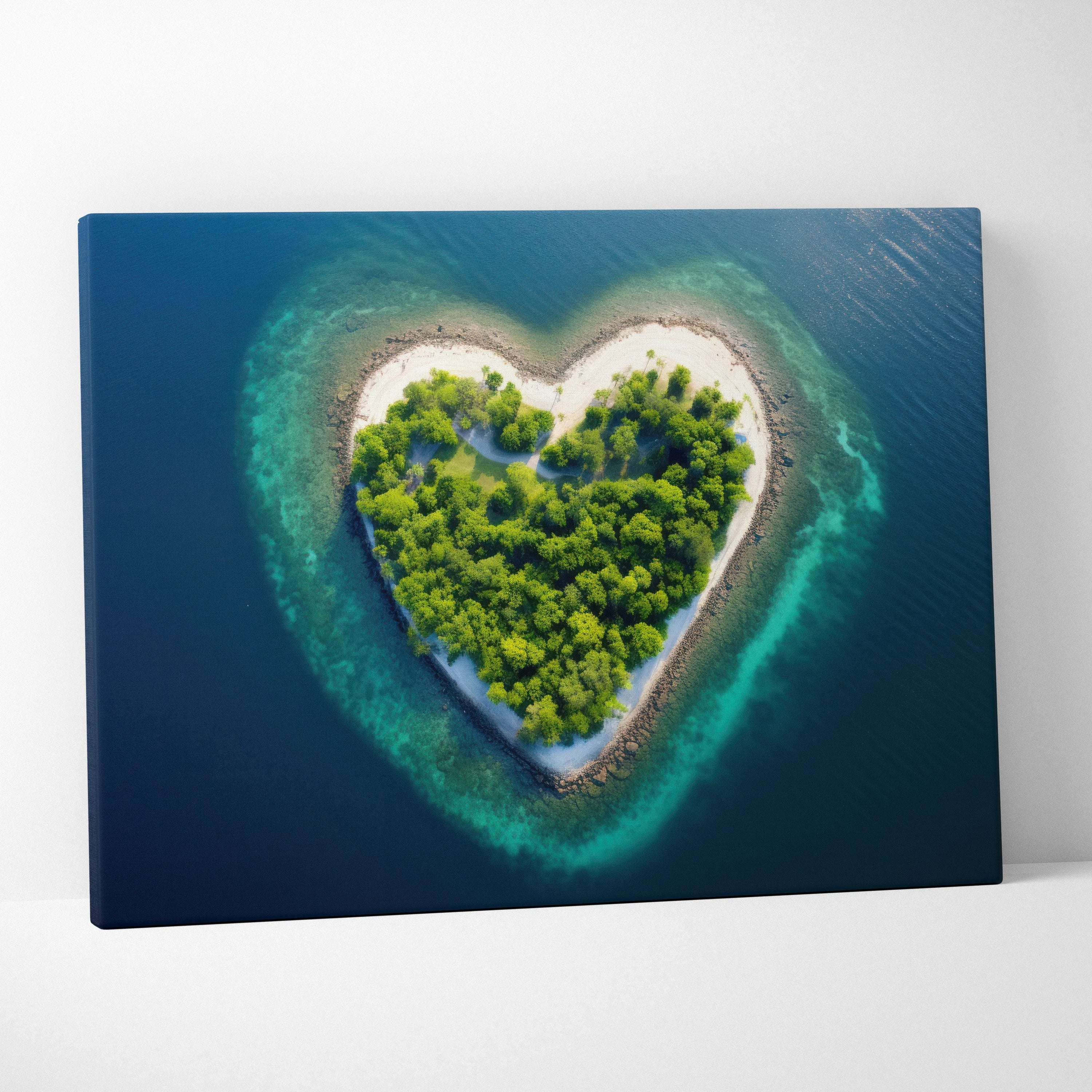 Stunning Beach Wall Art Featuring Heart Shaped Island and Ocean Waves Canvas