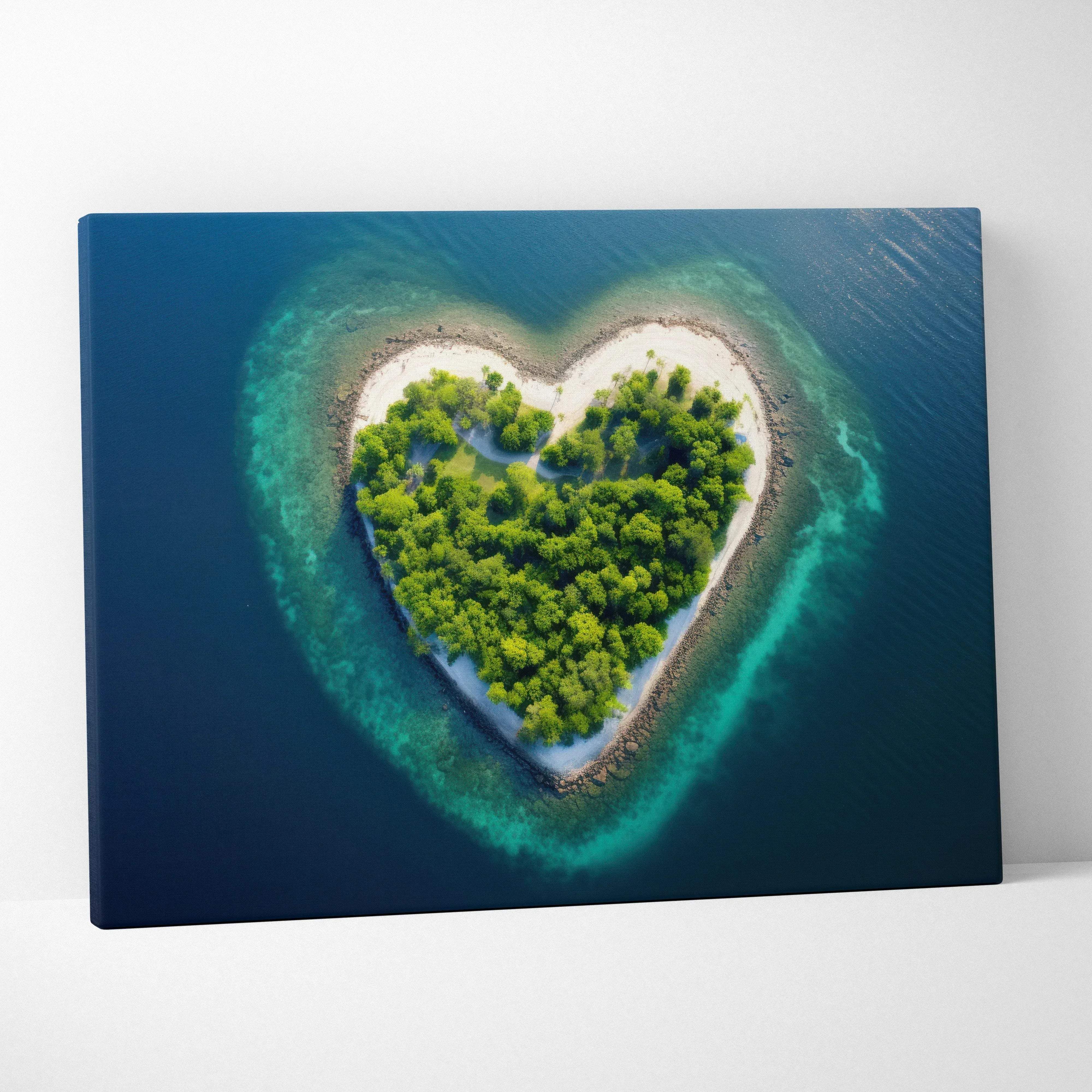 Heart shaped island canvas print with lush green trees and turquoise waters