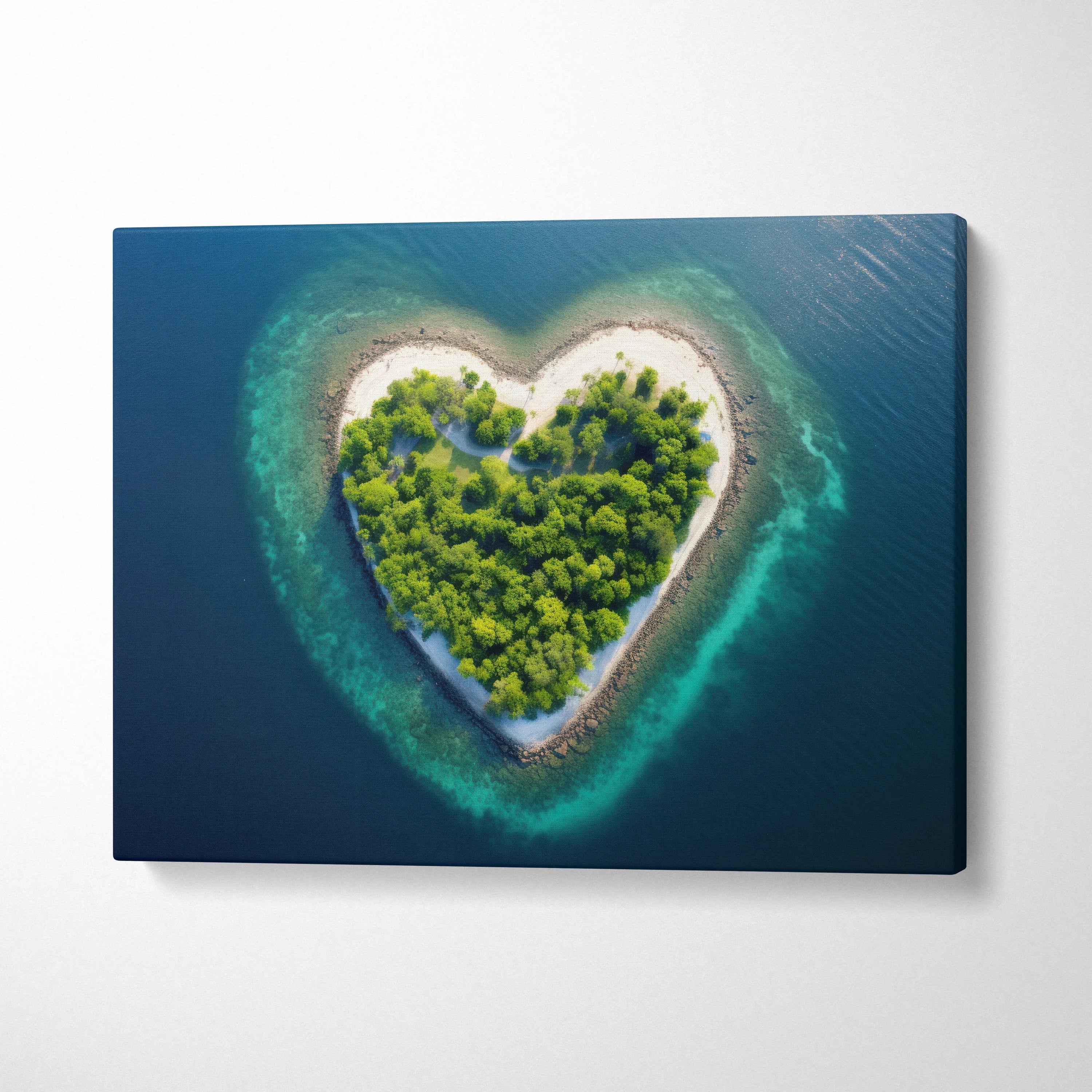 Stunning Beach Wall Art Featuring Heart Shaped Island and Ocean Waves Canvas