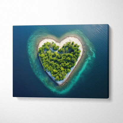 Stunning Beach Wall Art Featuring Heart Shaped Island and Ocean Waves Canvas