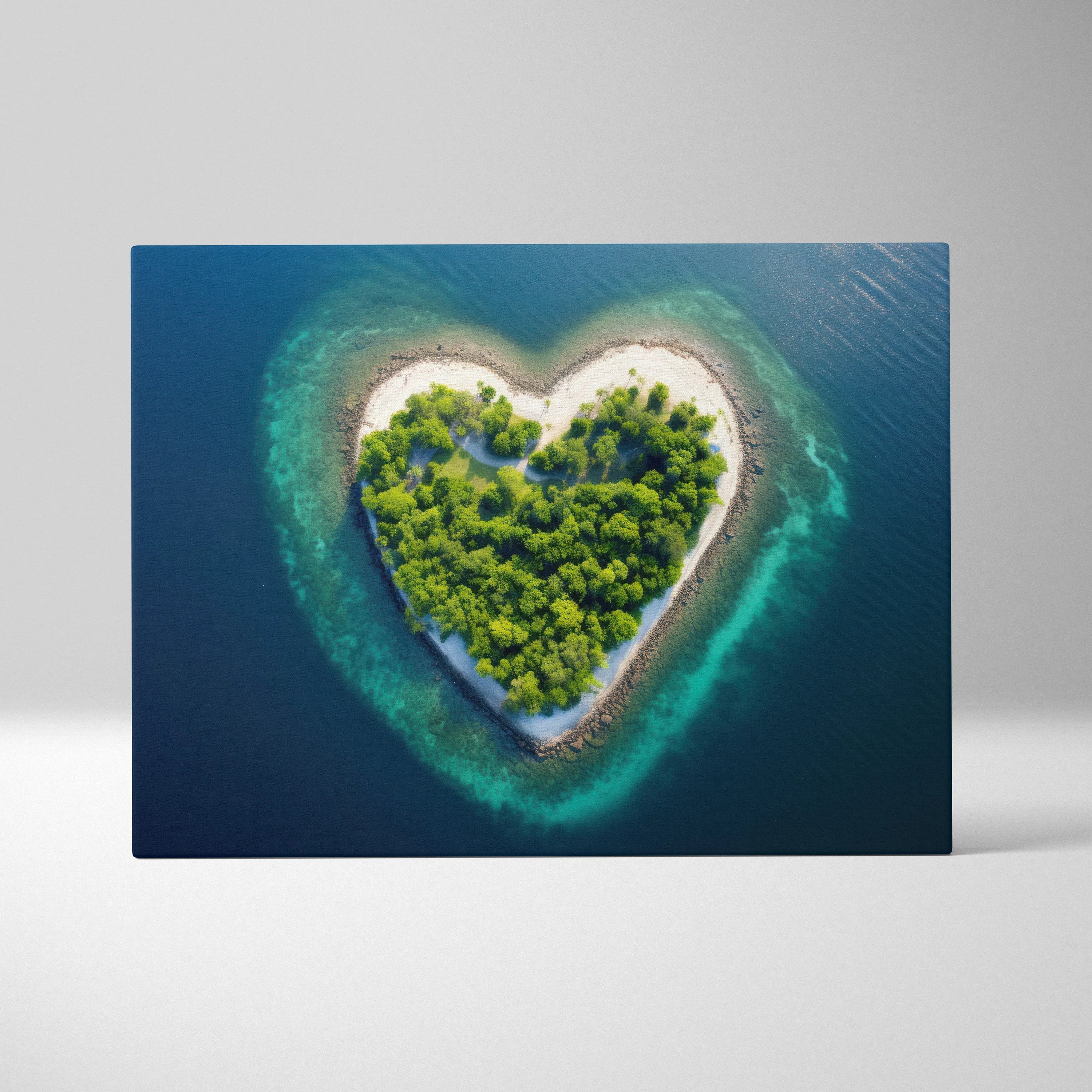 Stunning Beach Wall Art Featuring Heart Shaped Island and Ocean Waves Canvas