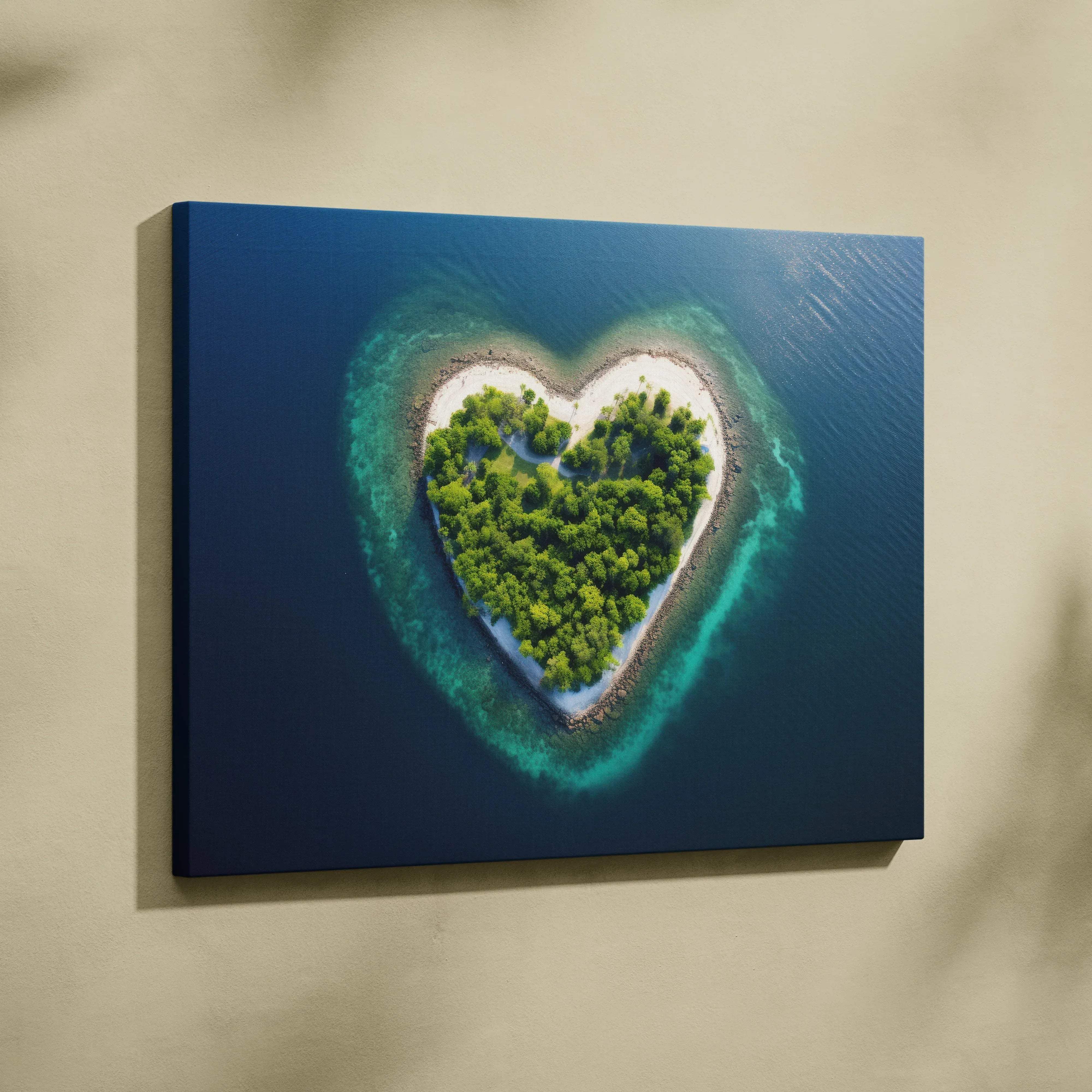 Heart shaped island canvas print with lush greenery and turquoise waters