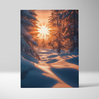 Winter landscape canvas wall art featuring snowy forest path illuminated by dreamy orange sunset rays.