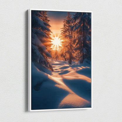 Vertical canvas wall art featuring a snowy winter forest at sunset with warm glowing light and shadows.