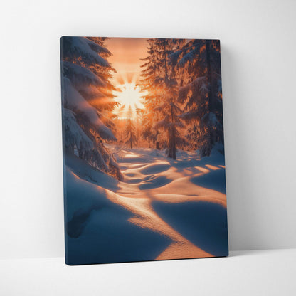Winter forest sunset canvas wall art with snow-covered trees and soft shadows.