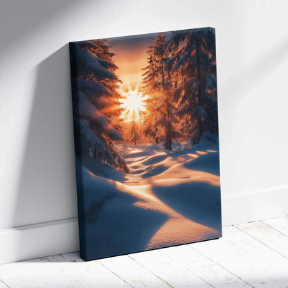 Canvas wall art featuring a snowy forest path bathed in warm, golden sunset light with tall evergreen trees.