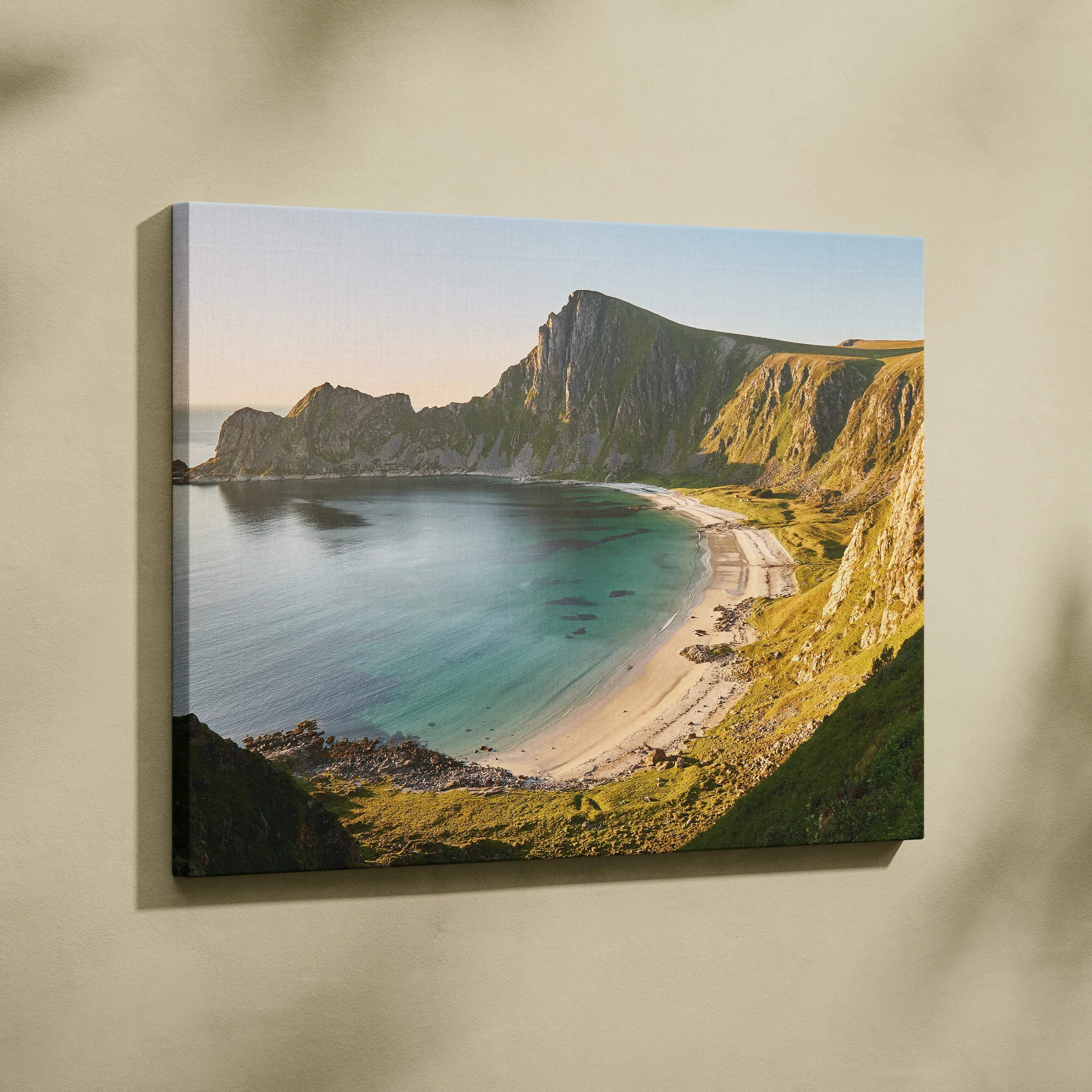Canvas print of Hidden Beach Norway serene turquoise coastal landscape