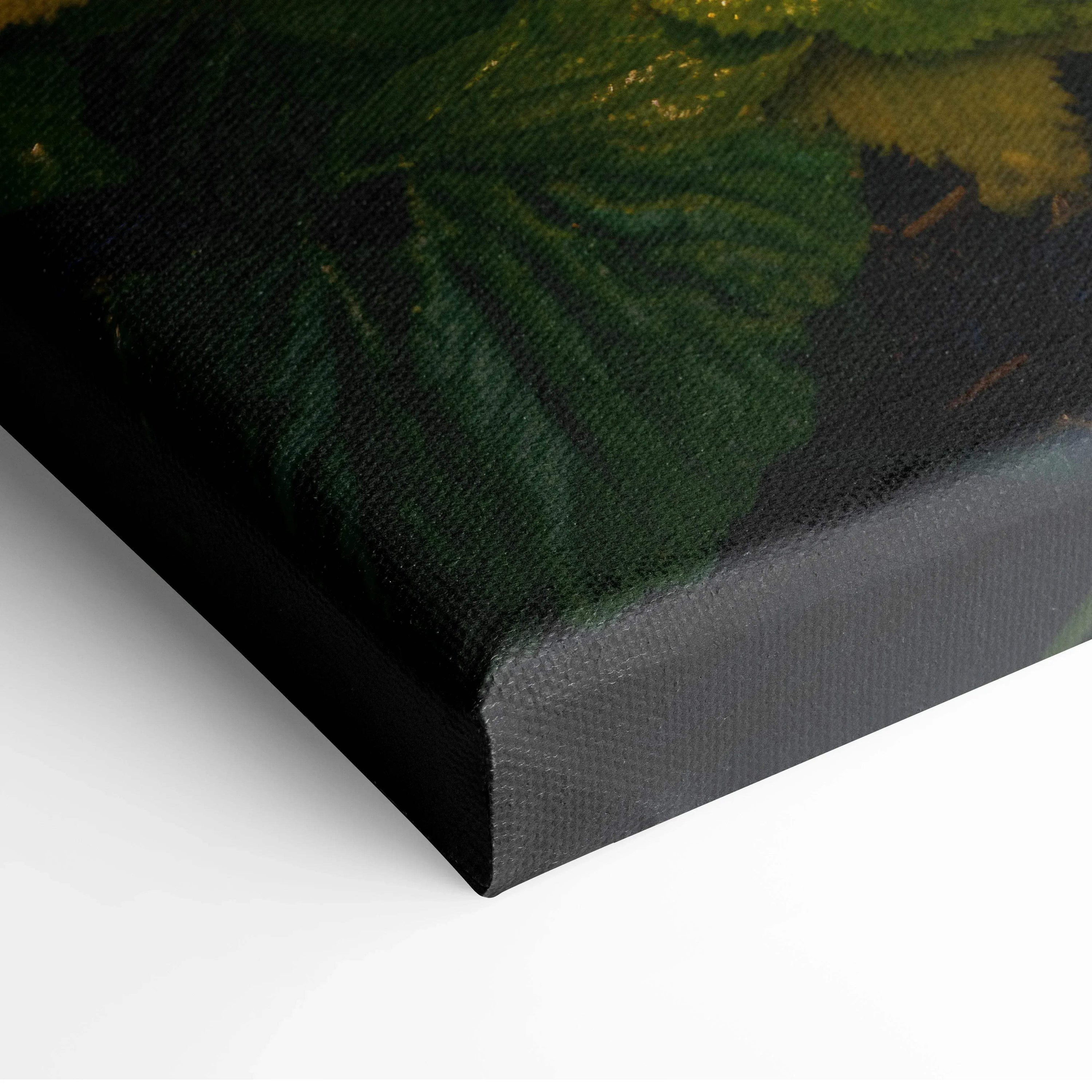 Close-up of canvas wall art corner featuring dark green forest foliage and waterfall detail with sunset hues.