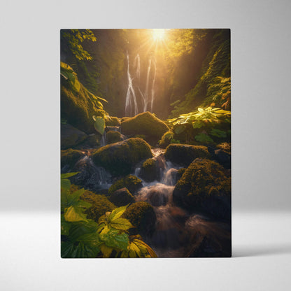 Vertical canvas wall art featuring a forest waterfall with golden sunset rays and lush greenery decor.