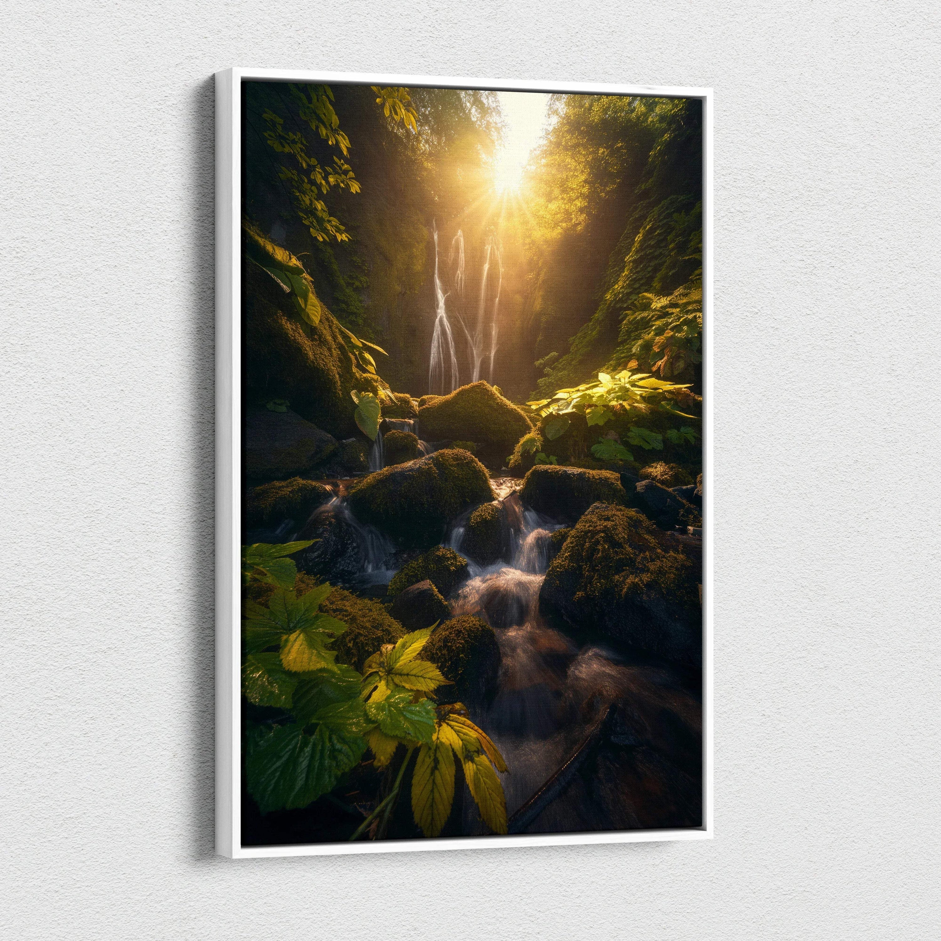 Forest waterfall canvas wall art with golden sunset light and lush greenery decor.
