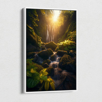 Forest waterfall canvas wall art with golden sunset light and lush greenery decor.