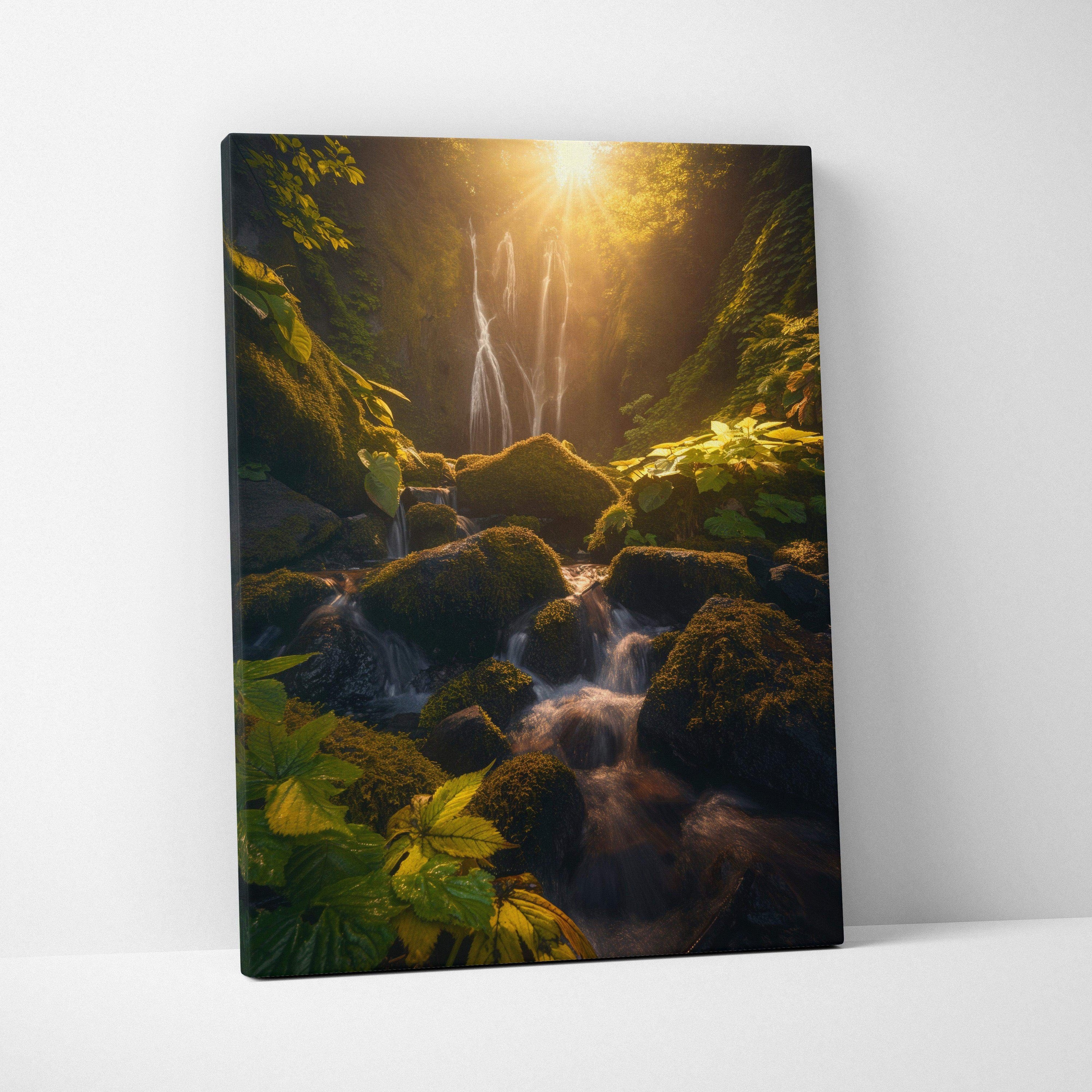 Canvas wall art of a forest with a glowing sunset and cascading waterfall in warm light decor.