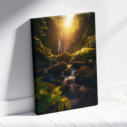 Vertical forest canvas wall art featuring a sunset and cascading waterfall decor.