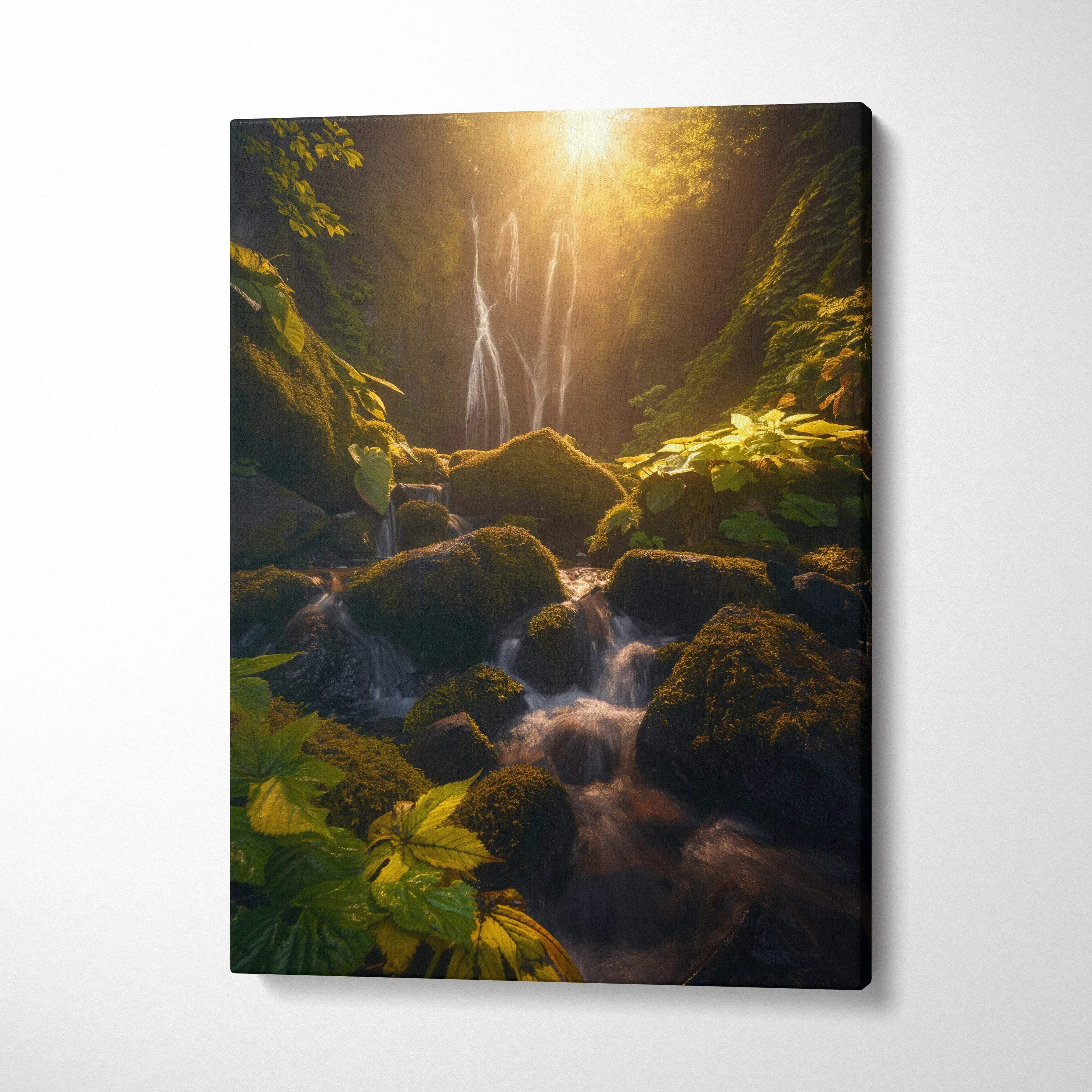 Vertical canvas wall art featuring a cascading waterfall in a lush forest with warm sunset light decor.