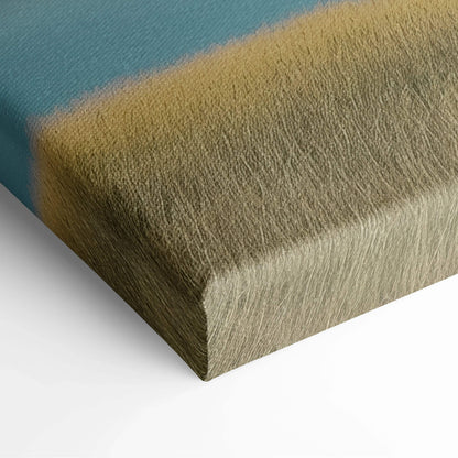 Close-up of canvas wall art with textured fabric, featuring modern architectural design in muted blue, beige, and brown.