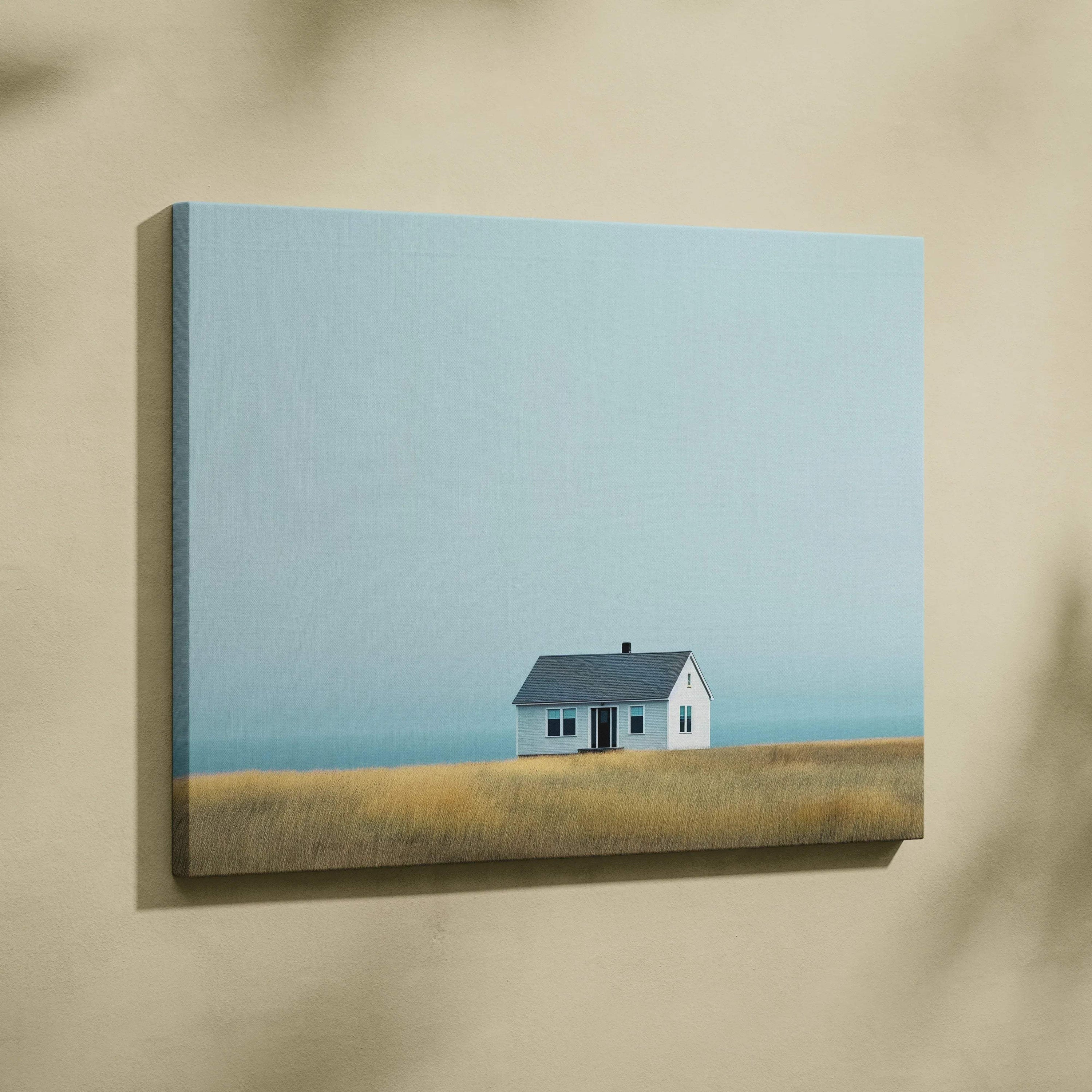 Minimalist canvas wall art featuring a solitary white house in a field under a clear blue sky.