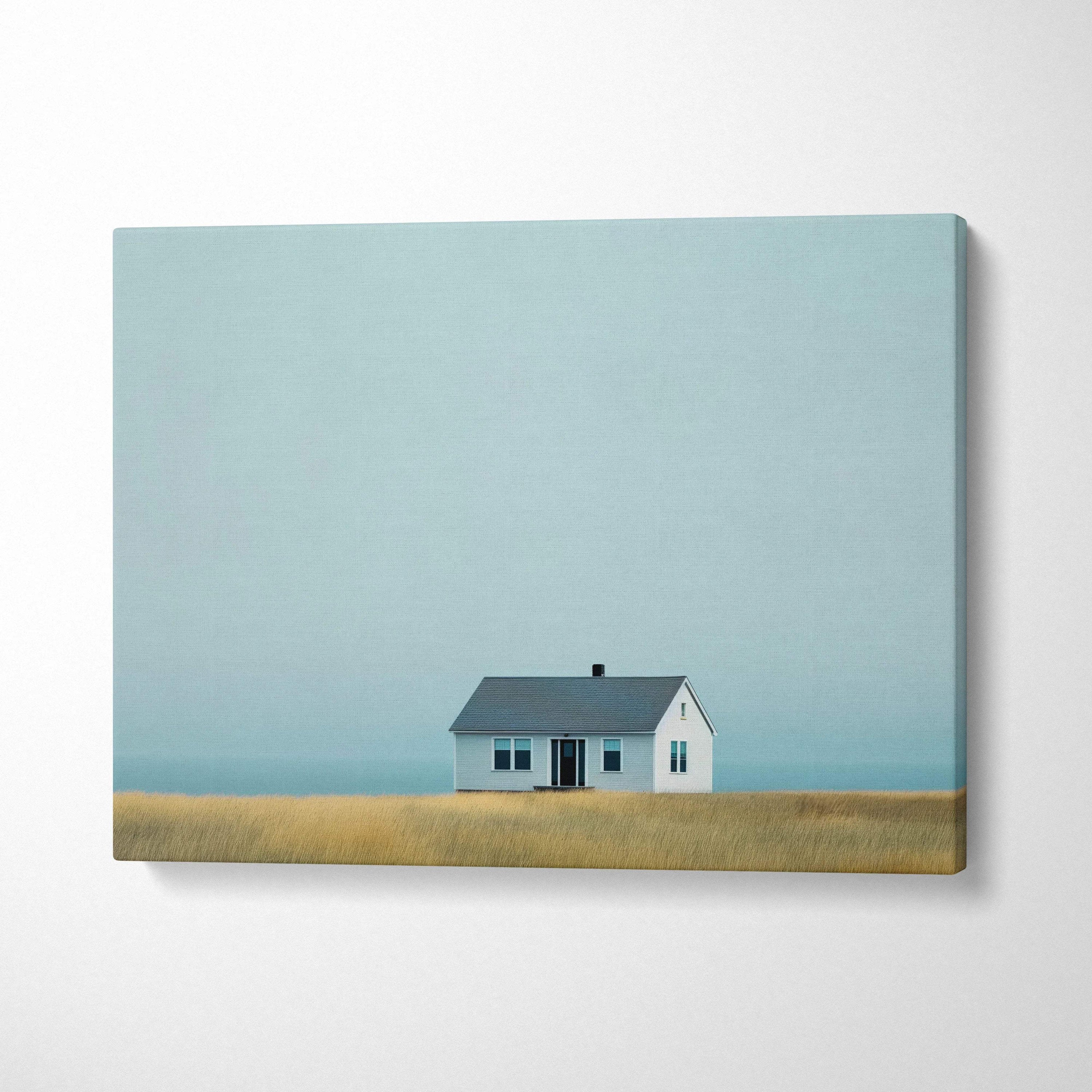 Minimalist canvas wall art featuring a small white house with a gray roof on a pale blue background.
