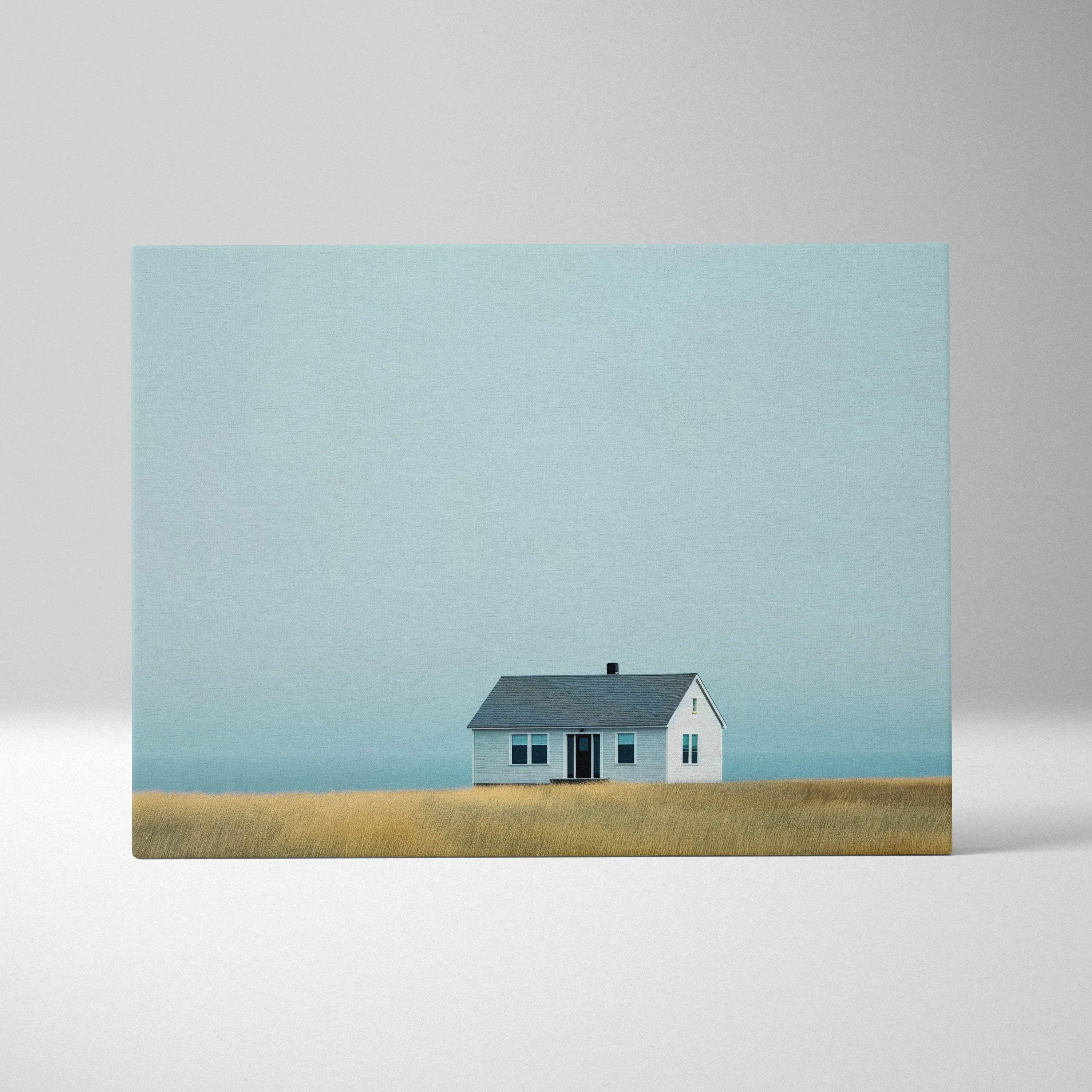 Canvas wall art featuring a minimalist house with a gray roof on a muted grassy plain under a pale blue sky.