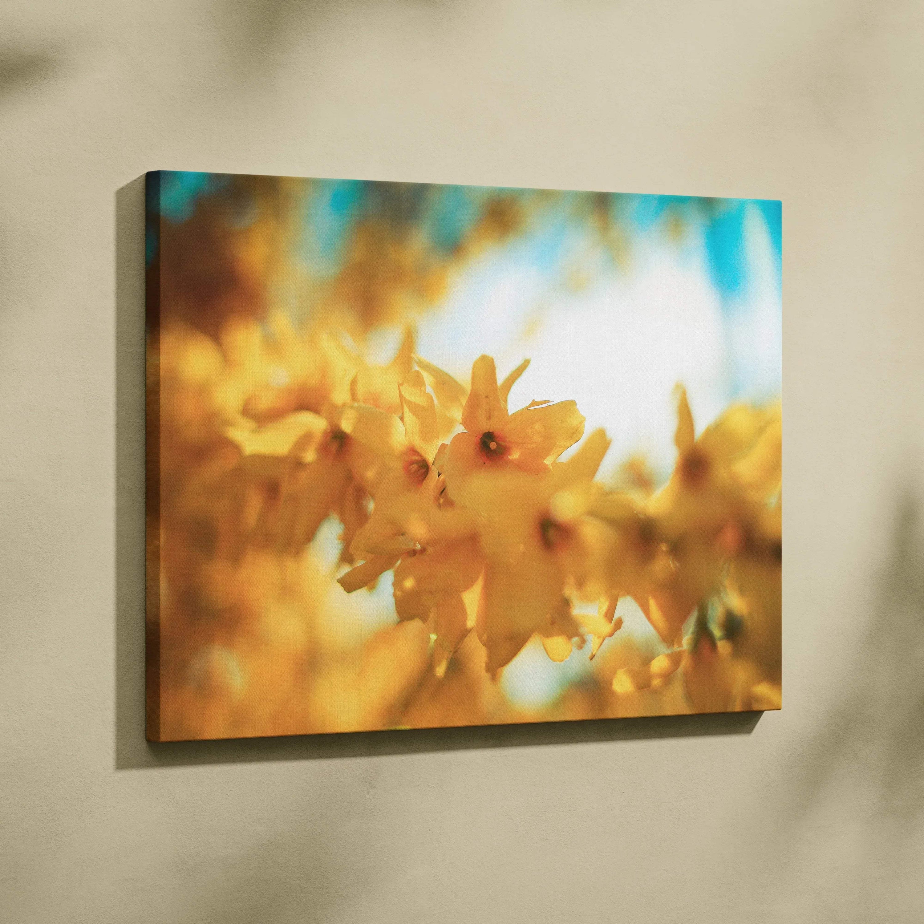 Yellow cherry blossom floral canvas wall art with soft focus and warm lighting decor.