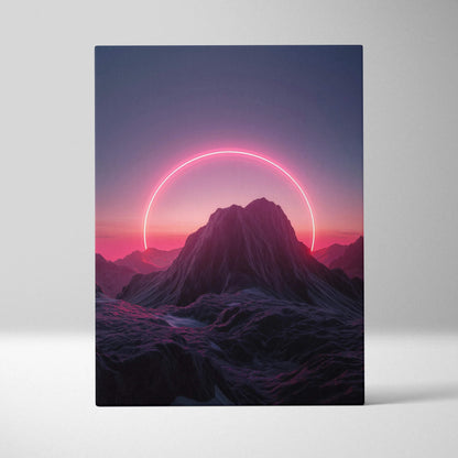 Canvas wall art of neon pink circle behind mountain silhouette at sunset
