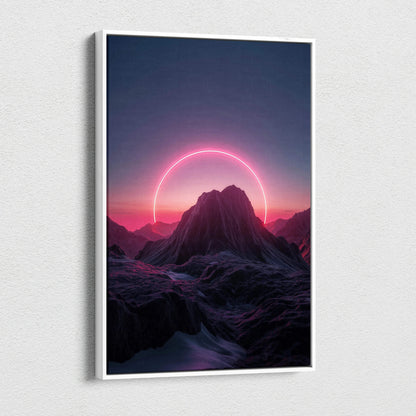 Framed neon circle behind mountain silhouette canvas wall art, pink sunset glow