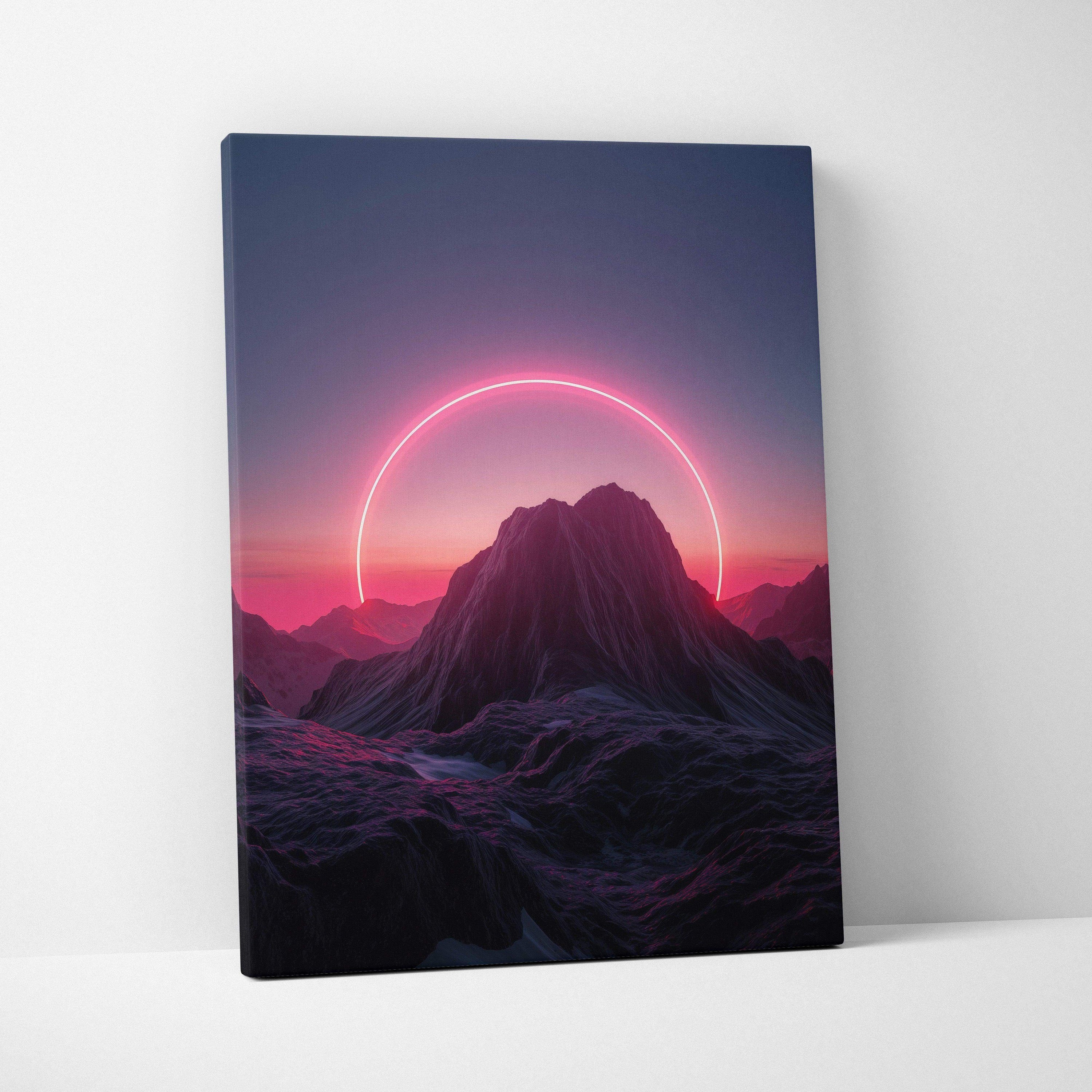 Canvas wall art with pink neon circle behind mountain silhouette at dusk