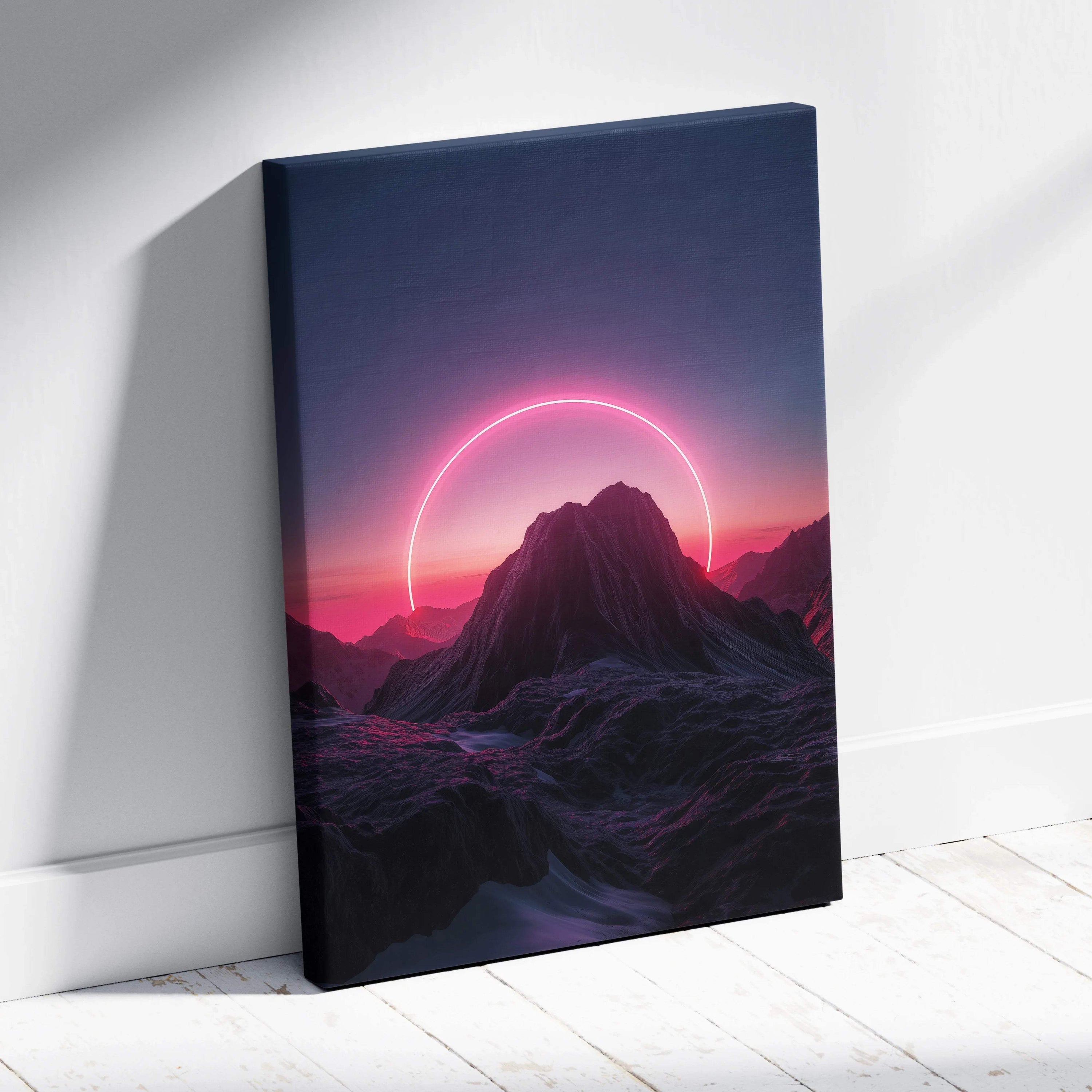 Sleek black canvas print of neon pink circle behind mountain silhouette at twilight